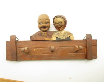 Italian hand carved wooden key rack Bobble heads Traditional wood carving Folk art style