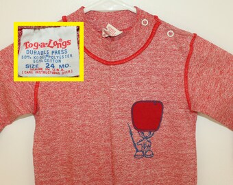 Tog-a-Longs brand vintage red toddler onesie 24 months old 70s cotton polyester soft snap button embroidered