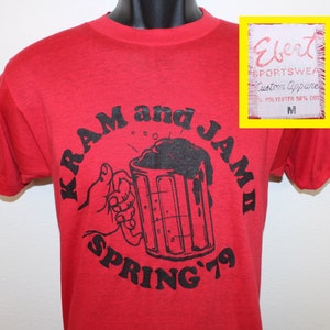 70s 1979 Kram and Jam II vintage t-shirt red soft thin stretchy college party concert cotton polyester beer mug