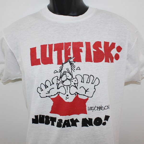 80s Lutefisk Just Say No vintage t-shirt white red soft thin stretchy cotton poly Scandinavian Norwegian Lee Johnson