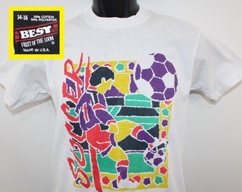 Soccer vintage youth t-shirt white 90s cotton polyester colorful graphic Fruit of the Loom best