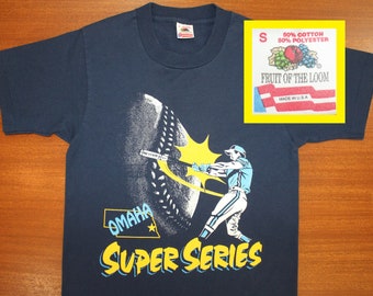 Omaha Super Series college baseball vintage t-shirt navy blue 80s 90s Fruit of the Loom cotton poly Easton