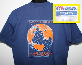 principios de los 90 Apple Macintosh Taste y QuicKeys software de computadora camiseta vintage azul marino Hanes Fifty-Fifty