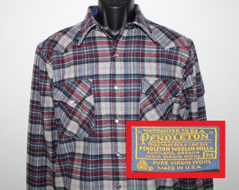 70s Pendleton vintage pearl snap button shirt virgin wool high grade western wear plaid gray red