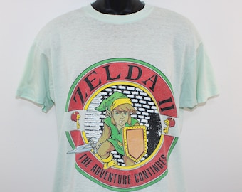 80s 1988 Zelda II Nintendo vintage t-shirt light green paper thin Link Zelda 2 The Adventure Continues