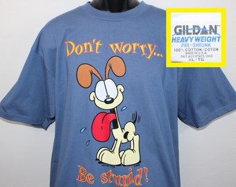 90s Garfield Odie vintage t-shirt Don't Worry Be Stupid blue cotton Jim Davis Gildan Heavyweight USA made