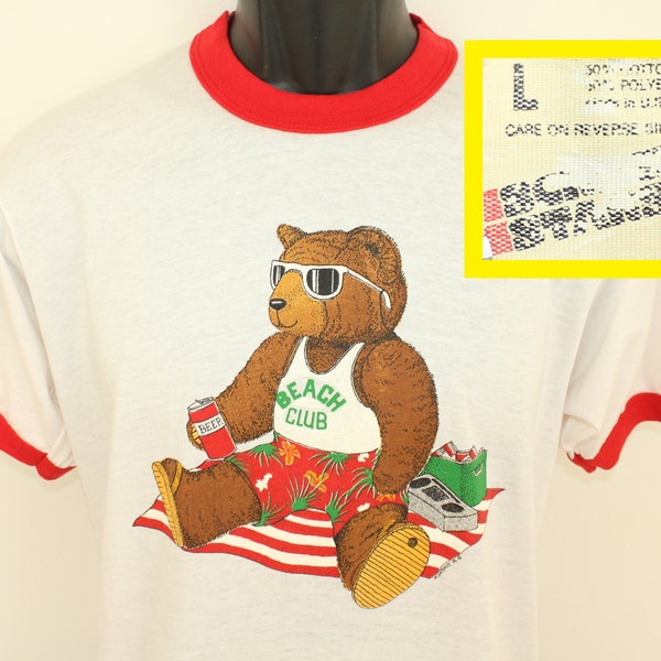 Drunk Beach Bear vintage ringer t-shirt Short M/L white red Screen Stars 80s 1986 soft thin stretchy double-sided graphic