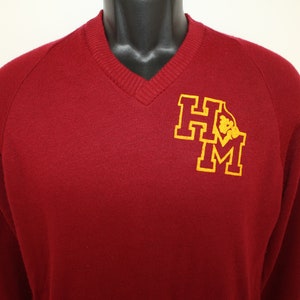 HM Cardinals vintage v-neck sweater burgundy maroon long-sleeve 70s 80s school mascot graphic