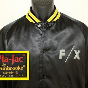 FX Vintage Druckknopf Jacke Mantel S/M schwarz gelb Pla-Jac Dunbrooke 70er Jahre 80er Jahre gefüttert