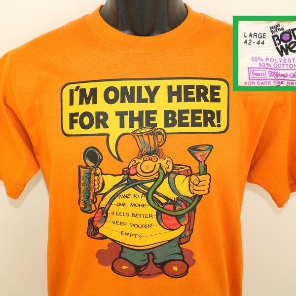 RESERVED.............Roach 70s 1973 Mr. God I'm Only Here for the Beer vintage t-shirt M orange iron-on Sears