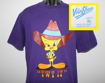 90s 1993 Tweety Bird vintage t-shirt purple cotton Twy It cowboy western Looney Tunes character