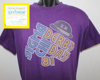 80s 1981 Sigma Chi Derby Day vintage t-shirt purple Gulf Coast Sportswear college fraternity frat cotton poly