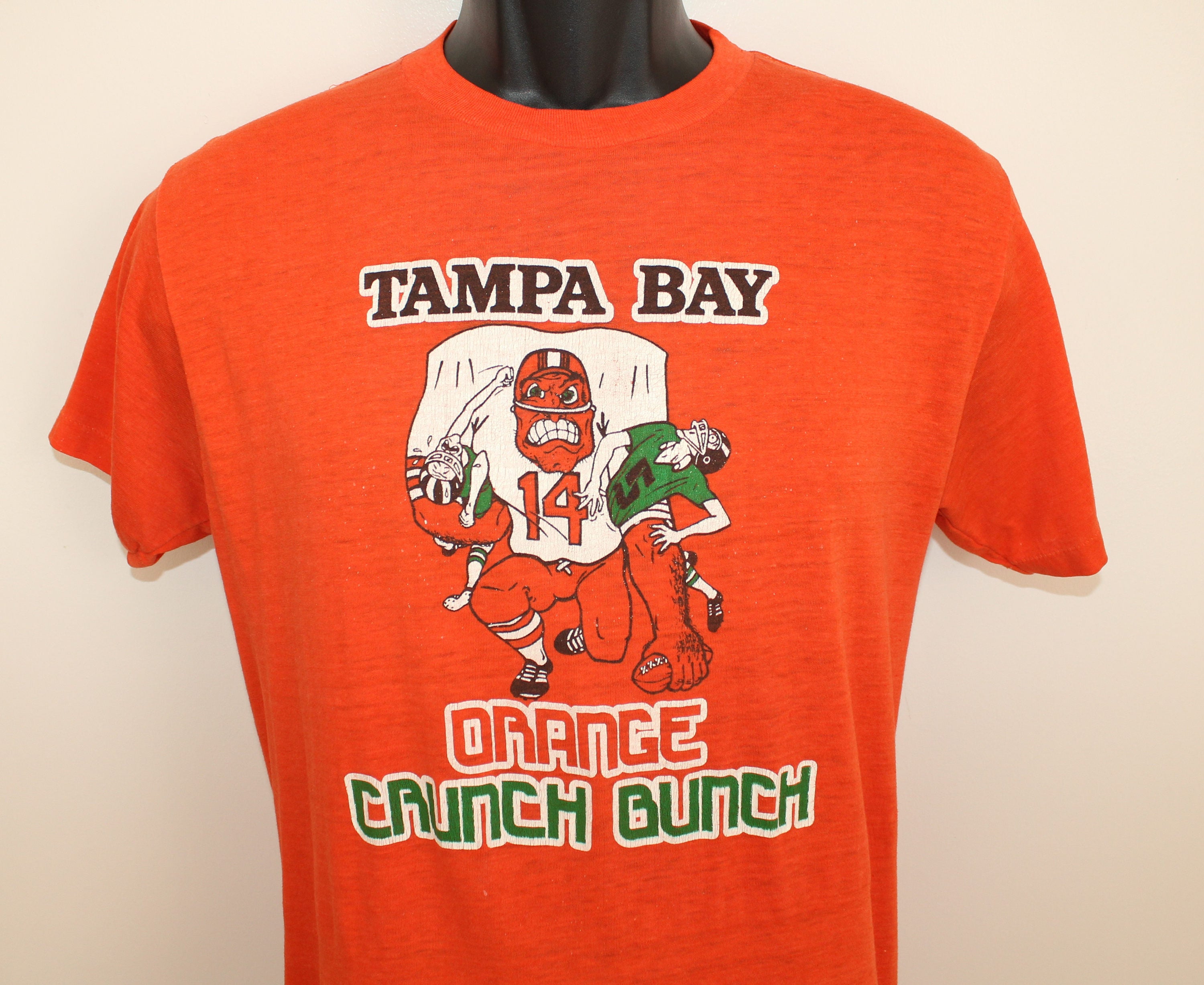 PreserveVintage Tampa Bay Buccaneers Orange Crunch Bunch Vintage T-Shirt S/M 70s 80s NFL Football Soft Thin Stretchy