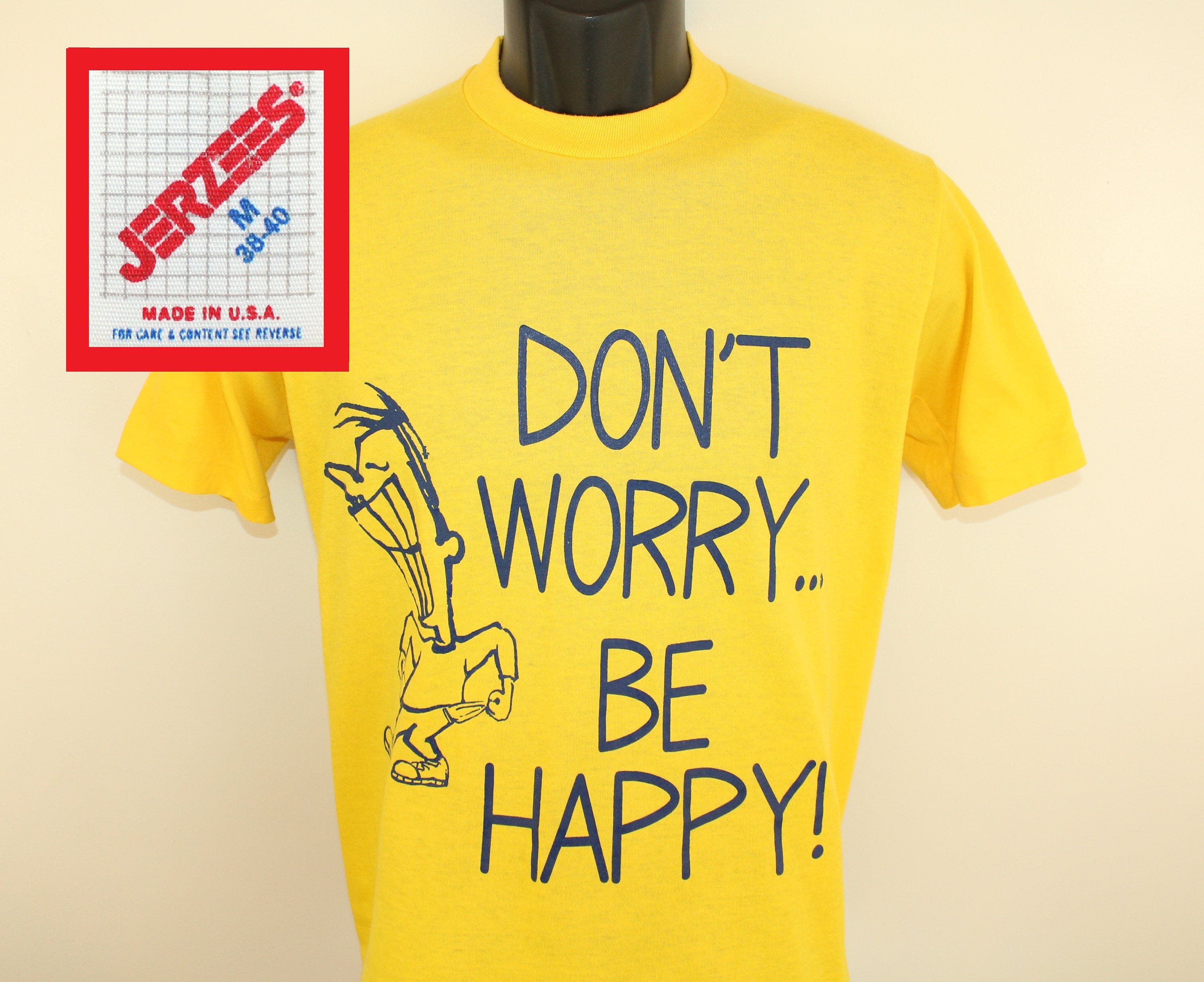 Dont Worry Be Happy T-shirt S/M Yellow Blue 80s 90s - Etsy