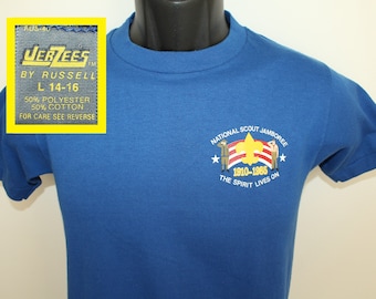1985 National Scout Jamboree Vintage Jugend T-shirt blau 80er Jahre Junge Scouts Kinder weiche dünne dehnbare Jerzees Russell