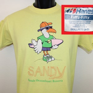 Sandy Sands Oceanfront Resort vintage t-shirt yellow 80s cotton poly Hanes duck beach surfing ocean