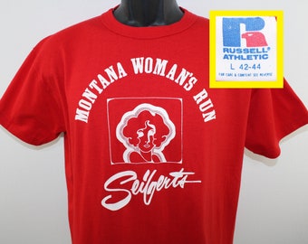 80s 90s Montana Woman's Run Seifert's vintage red t-shirt cotton poly Russell Athletic