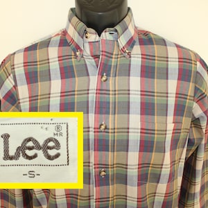 Lee brand vintage plaid shirt Small 80s 90s long-sleeve button-down front green blue red yellow