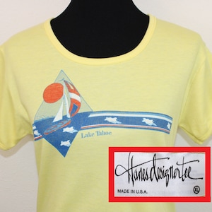 Lake Tahoe vintage dames t-shirt Hanes Designer Tee gekamd katoen poly zacht rekbaar