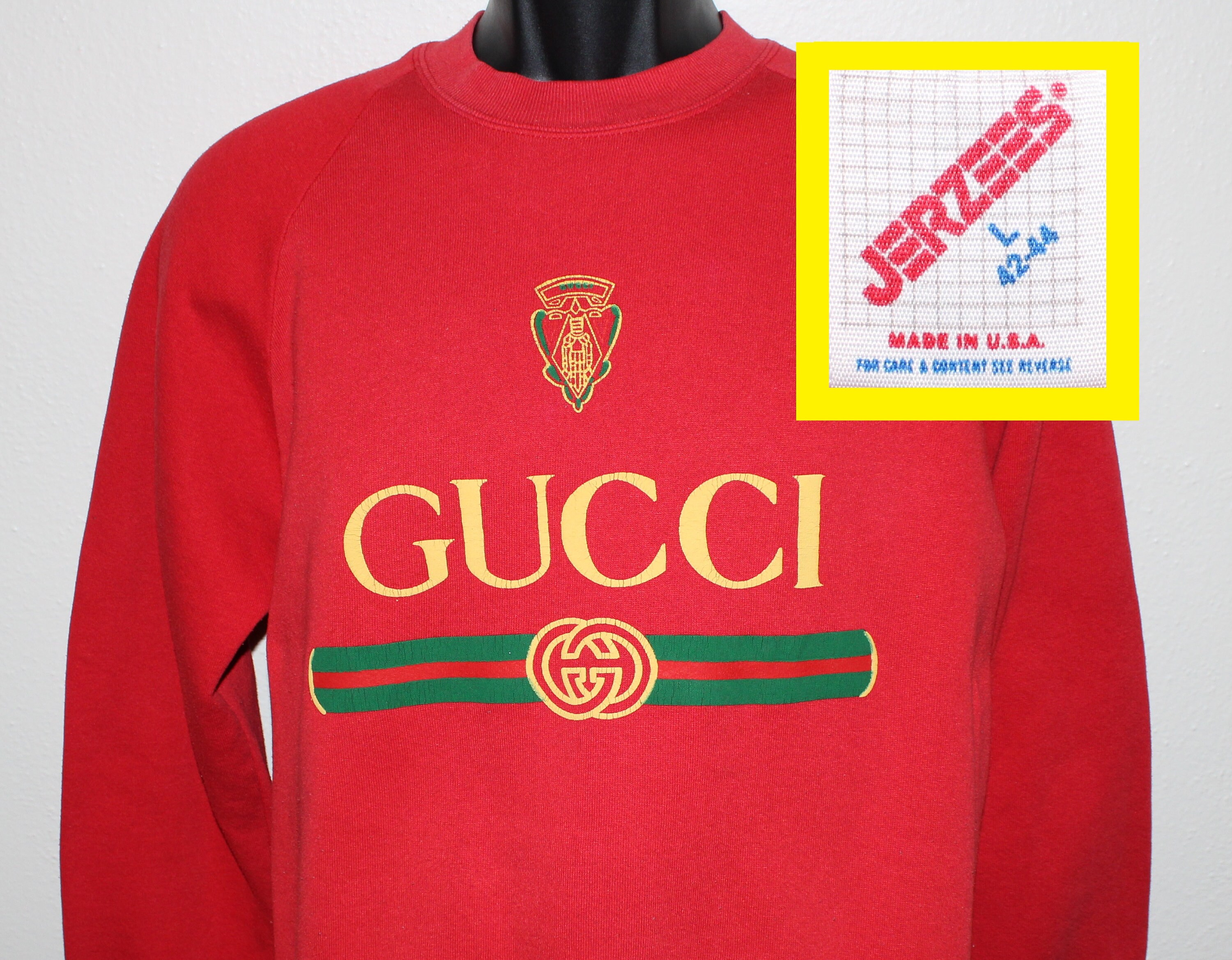 Gucci Bootleg Vintage Sweatshirt Red Jerzees 80s 90s Cotton Polyester Long sleeve Crew Neck Luxury Brand Etsy