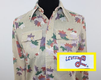 70s Levi's vintage floral linen women's blouse shirt beige collared long-sleeve button-front cotton