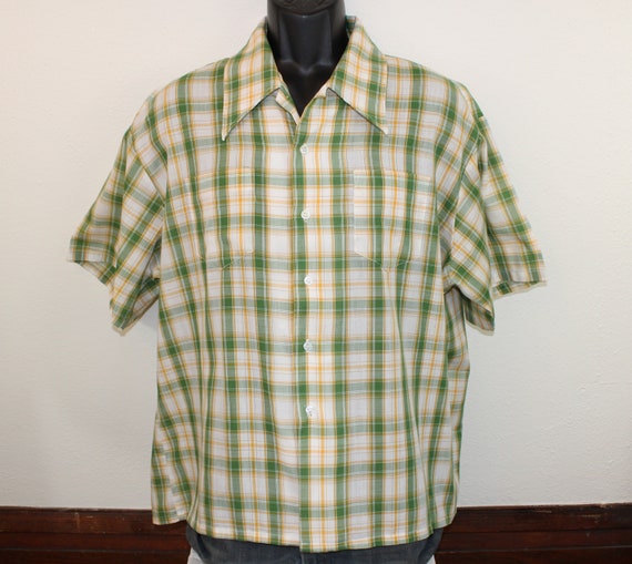 70s JCPenney vintage plaid shirt short-sleeve gre… - image 2