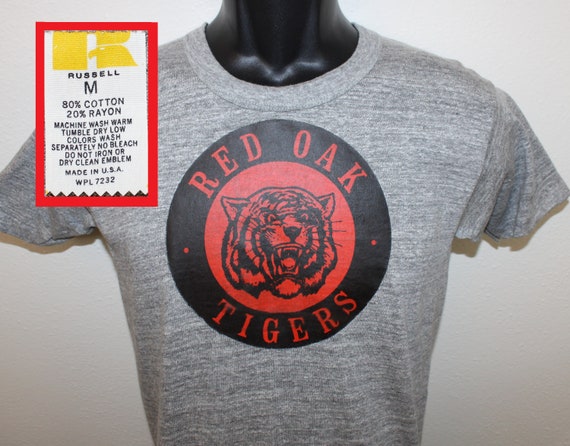 70s Cotton Rayon Russell Red Oak Tigers Vintage T-shirt Gray Soft  