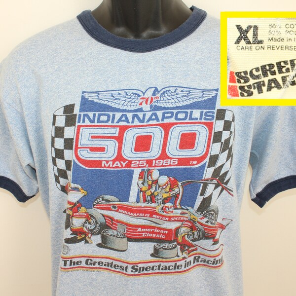 Indianapolis 500 vintage ringer tee t-shirt Short L/XL light blue navy 80s 1986 1987 Screen Stars Indy