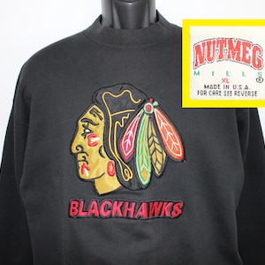 90s Chicago Blackhawks vintage sweatshirt black embroidered graphic NHL hockey Nutmeg cotton poly