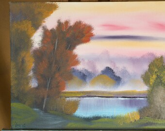 original oil on canvas painting, 16" x 20" made in Canada by me "Autumn palette" landscape scenery bob ross style