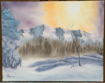 original oil on canvas painting, 16" x 20" made in Canada by me "winter Hill II" landscape scenery bob ross style