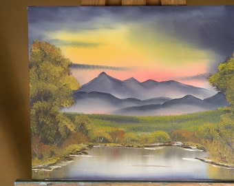 original oil on canvas painting, 16" x 20" made in Canada by me "Fall begins" landscape scenery bob ross style