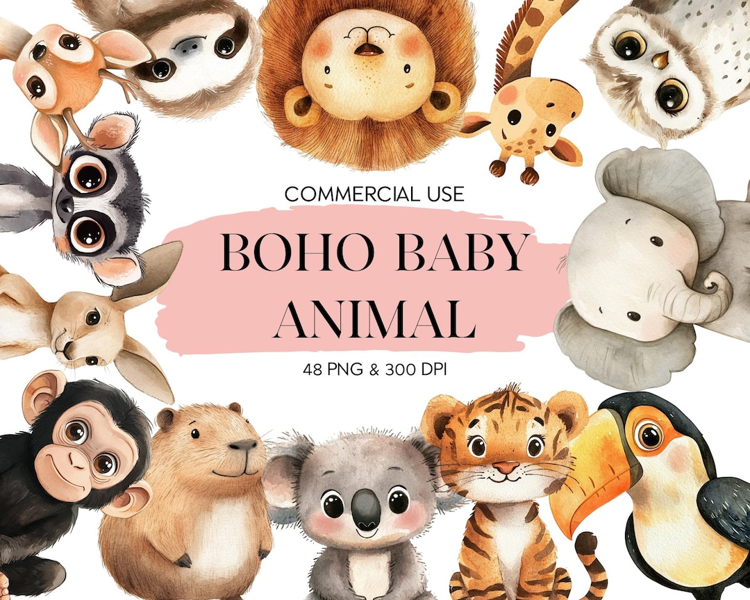 Boho Baby Animal Clipart – 40 PNG Watercolor Jungle & Safari Animals ...