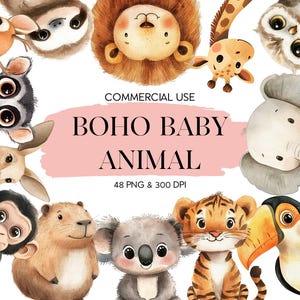 Clipart bébé bohème - 40 PNG aquarelles de la jungle et animaux de safari - Art pour chambre d'enfant - téléchargement immédiat - usage commercial