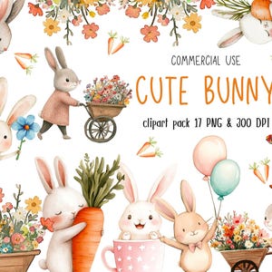 Cute Bunny Clipart PNG Bundle | Watercolor Bunnies PNG, Transparent Background | Baby Rabbit Spring Clip Art | Digital Download, 300 DPI