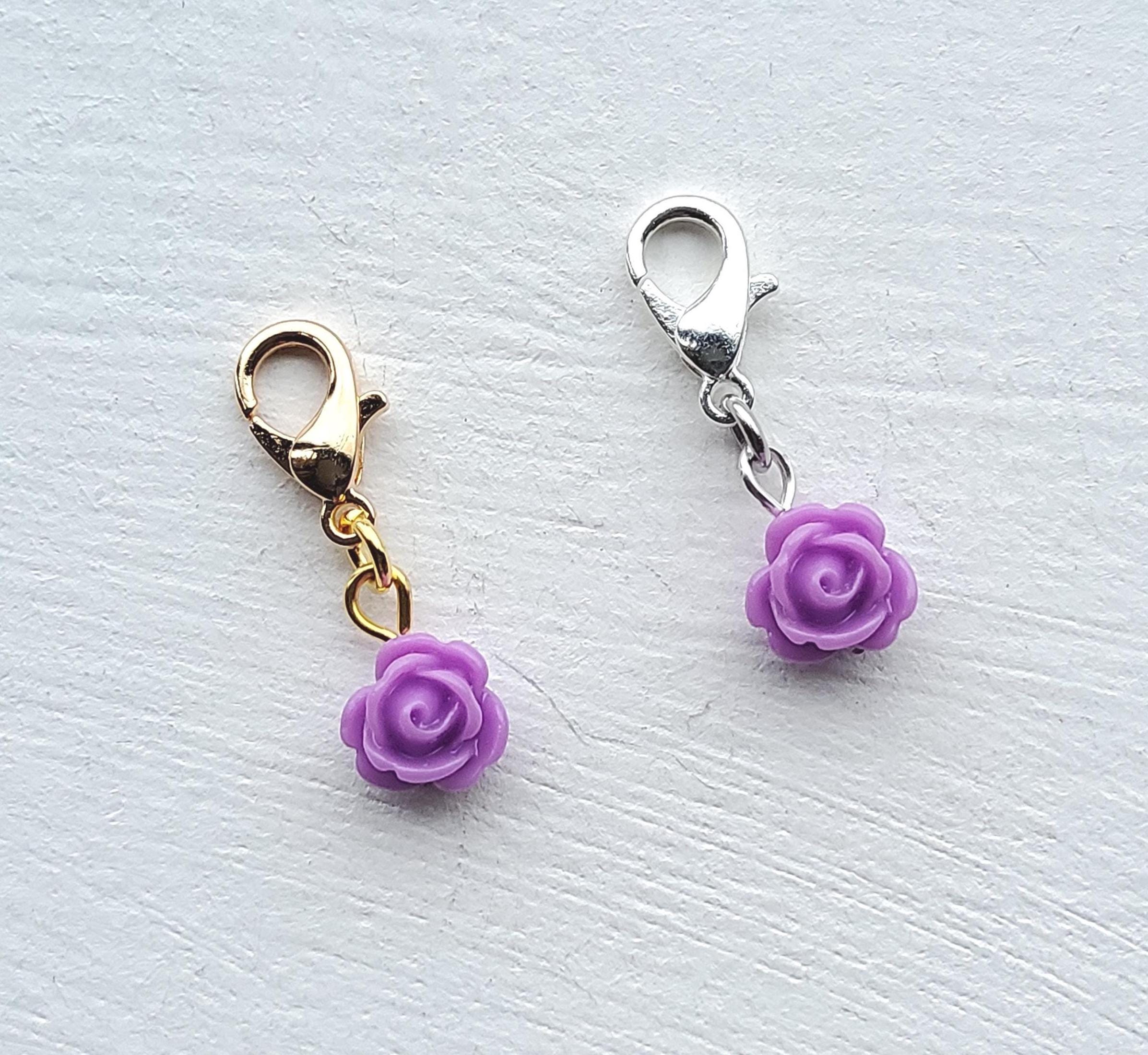 Purple Resin Rose Clip on Charm With Silver Lobster Clasp