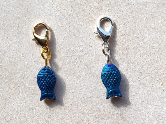 Dark Blue Fish Glass Clip on Charm, Journal Charm Dangle with Lobster Clasp, Zip Pull, Stitchmarker, Gift