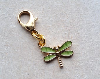 Green Dragonfly Enamel Clip on Charm with Lobster Clasp, Stitchmarker, Zipper, Planner Charm