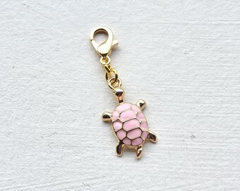 Light Gold and Pink Enamel Turtle Clip on Charm with Lobster Clasp, Stitchmarker, Zipper, Planner Charm