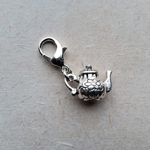 Teapot Tibetan Silver Clip on Charm with Lobster Clasp, Stitchmarker, Zipper, Planner Charm
