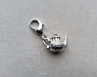 Teapot Tibetan Silver Clip on Charm with Lobster Clasp, Stitchmarker, Zipper, Planner Charm