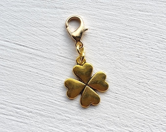 Tibetan Gold Clover Clip on Charm with Lobster Clasp, Stitchmarker, Zipper, Planner Charm