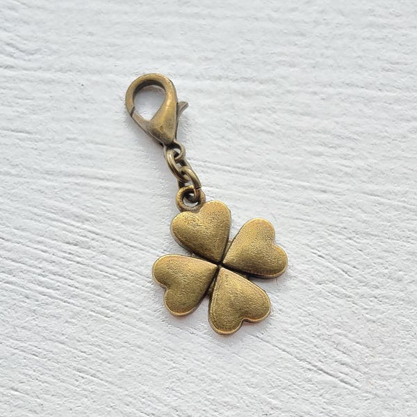 Antique Bronze Clover Clip on Charm with Lobster Clasp, Stitchmarker, Zipper, Planner Charm