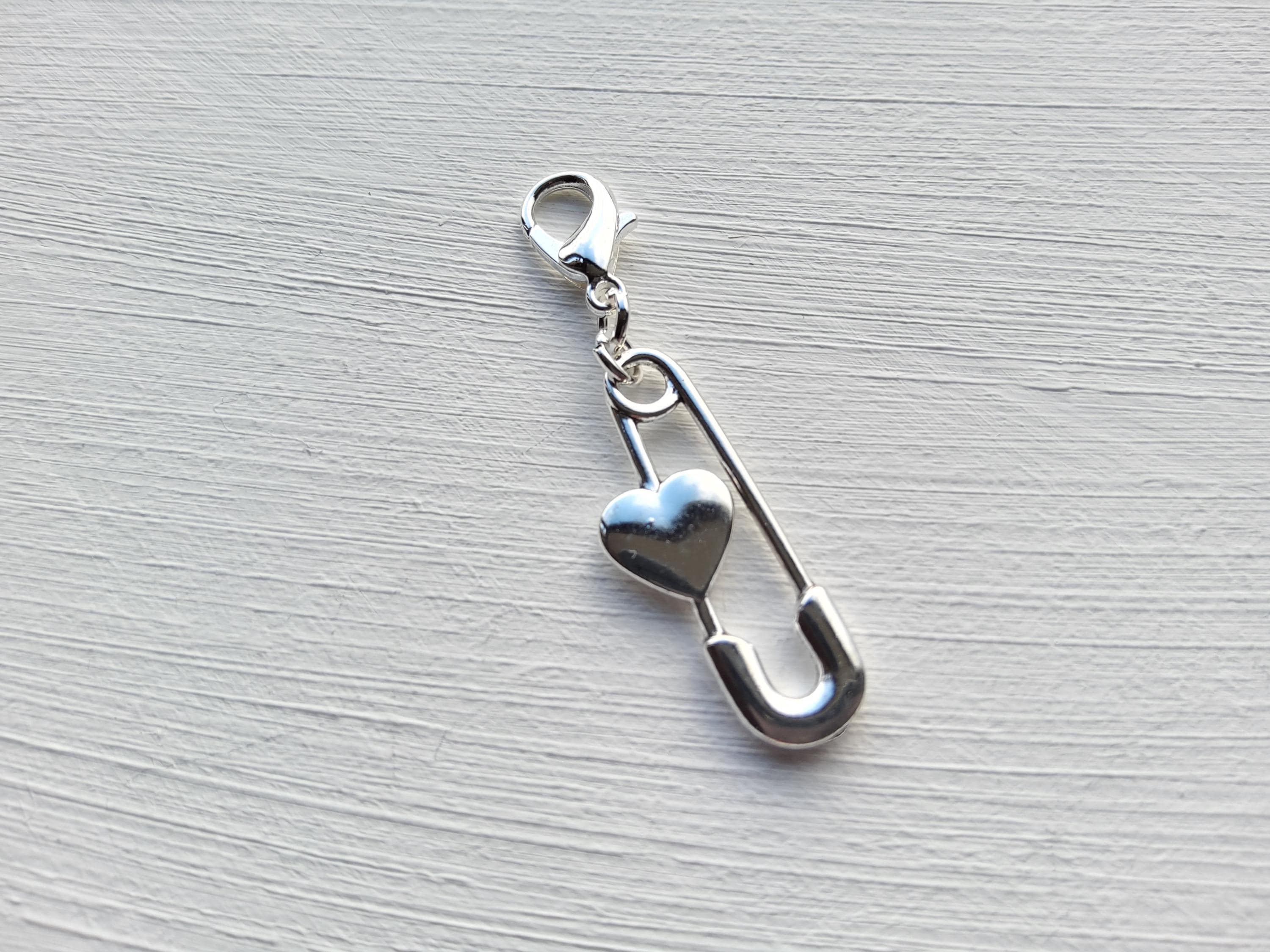 Silver Safety Pin With Heart Clip on Charm, Lobster Clasp