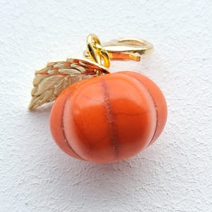 Pode incluir: Um pingente em forma de abóbora com uma pedra laranja lisa e veios subtis. O pingente é rematado com uma folha de cor dourada metálica e um fecho de mosquetão a condizer, concebido para ser facilmente fixado a joias ou acessórios.