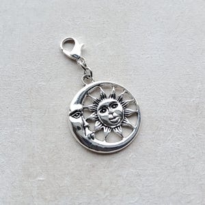 Large Moon and Sun Tibetan Silver Clip on Charm with Lobster Clasp, Stitchmarker, Zipper, Planner Charm