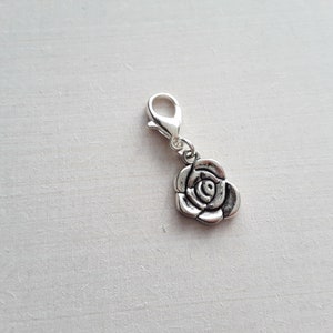 Rose Tibetan Silver Clip on Charm with Lobster Clasp, Stitchmarker, Zipper, Planner Charm
