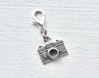 Tibetan Silver Camera Clip on Charm with Lobster Clasp, Stitchmarker, Zipper, Planner Charm