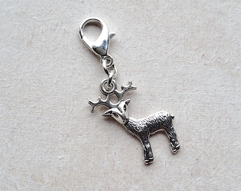 Reindeer/Stag Tibetan Silver Clip on Charm with Lobster Clasp, Stitchmarker, Zipper, Planner Charm