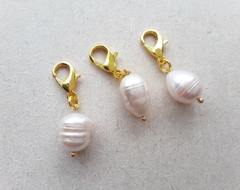Real Natural Cultured Freshwater Pearl Clip on Charm with Gold Lobster Clasp, Stitchmarker, Zipper, Planner Charm